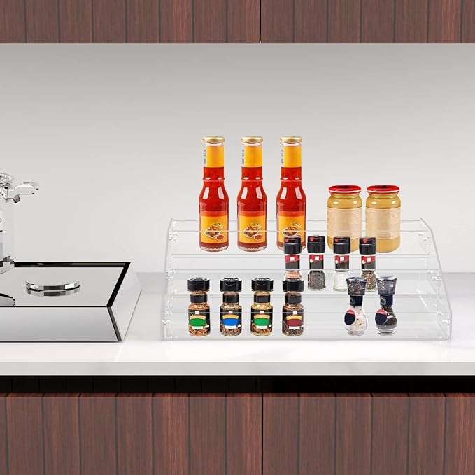 PMMASTO Widen Tiered Spice Rack, Seasoning Organizer, Clear Acrylic Vertical Shelves Can Organizer for Countertop, Cabinet, Pantry, Kitchen Organization and Storage - 3 Tier - Image 4