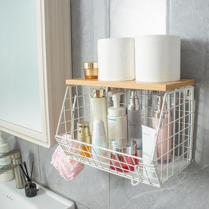 White Fruit Bowl Wire Basket Storage Pantry Fruit and Vegetable Storage Fruit Basket for Kitchen Counter Stackable Wall Mounted Hanging Basket Wire Basket with Wood Lid with Hanger Hooks - Image 8