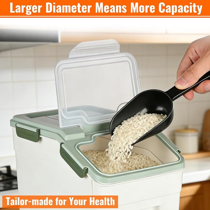 4 Pack Rice Container 25 lbs Large Bulk Flour Sugar Storage Holdhouse Plastic Grain Cereal Dry Goods Bin with Spoon and Measuring Cup for Kitchen Pantry Organization - Green - Image 6