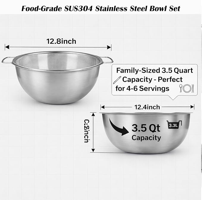 18/8 Stainless Steel Colander with Mixing Bowl, 3.5QT | 1 nesting mixing bowls with measurement marks and 1 fine 30-mesh strainers for rice,vegetables, pasta, baking, and food prep - Image 6
