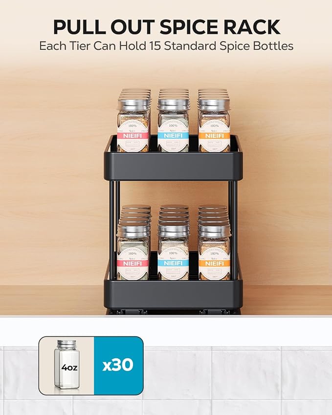 Nieifi Pull Out Spice Rack Organizer, 2 Tiers, 1 Pack | 6.5"Wx10.35"Dx8.4"H, For Cabinet, Easy to Install, Metal - Image 8