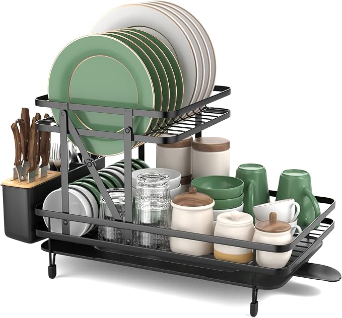 GOFLAME Dish Drying Rack with Drainboard, Collapsible 2-Tier Dish Rack and Drainboard Set with Removable Drip Tray, 360° Swivel Spout, Utensil Holder, Large Capacity Dish Drainer for Kitchen Counter by GOFLAME