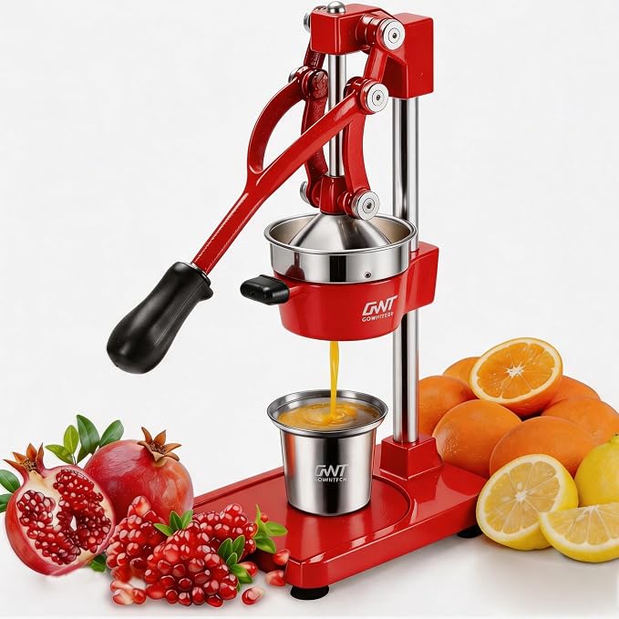 18 Inch Height Commercial Heavy Duty Cast Iron Hand Press Manual Orange Citrus Lemon Lime Grapefruit Pomegranate Fruit Juice Squeezer Machine with Stainless Steel Cup and Durable Base Red by Gowintech
