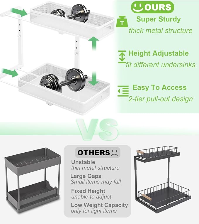 Under Sink Organizer, High Adjustable 2 Tier Under Sink Organizers and Storage, Slide out Metal Cabinet Organizers, Pull out Storage Drawer Shelf for Kitchen Bathroom Cabinet (White-1 pack) - Image 2