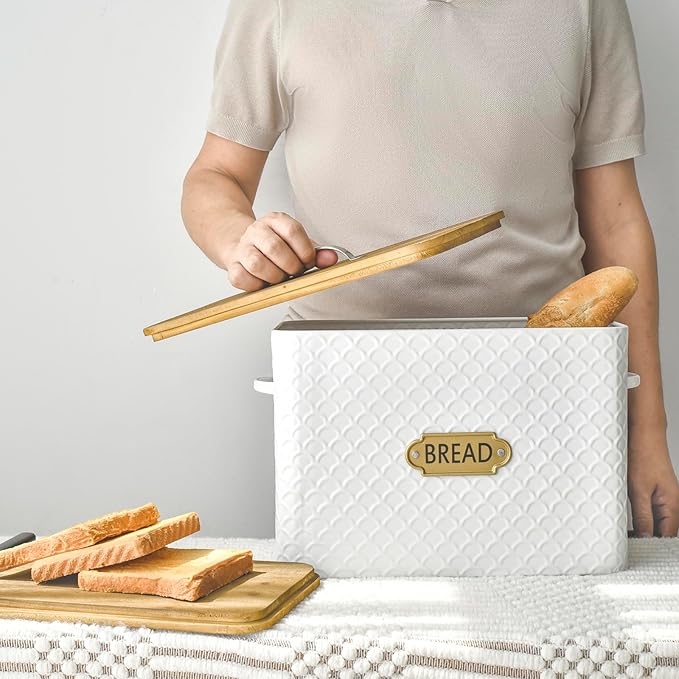 EMAX HOME Extra Large Space Saving Farmhouse Bread Box With Wood Lid - Holds 2 Loaves - Vertical Breadbox Bread Storage Bin Holder for Kitchen Countertop, White - Image 3