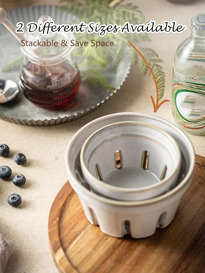 Gomakren Ceramic Berry Basket Set of 2, Fruit Bowl Colanders 5.8 Inch White | Drain Holes Keep Berries Fresh, Stackable Space-Saving, Dishwasher Safe, Versatile Fruit Serving & Farmhouse Kitchen Decor - Image 5
