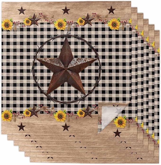 Farmhouse Western Star Cloth Napkins Washable Set of 6, 20 x 20 Inch Reusable Vintage Country Brown Plaid Dinner Table Napkins Cloth Bulk for Weddings Kitchen Restaurants Hotel Events Parties by SODIKA
