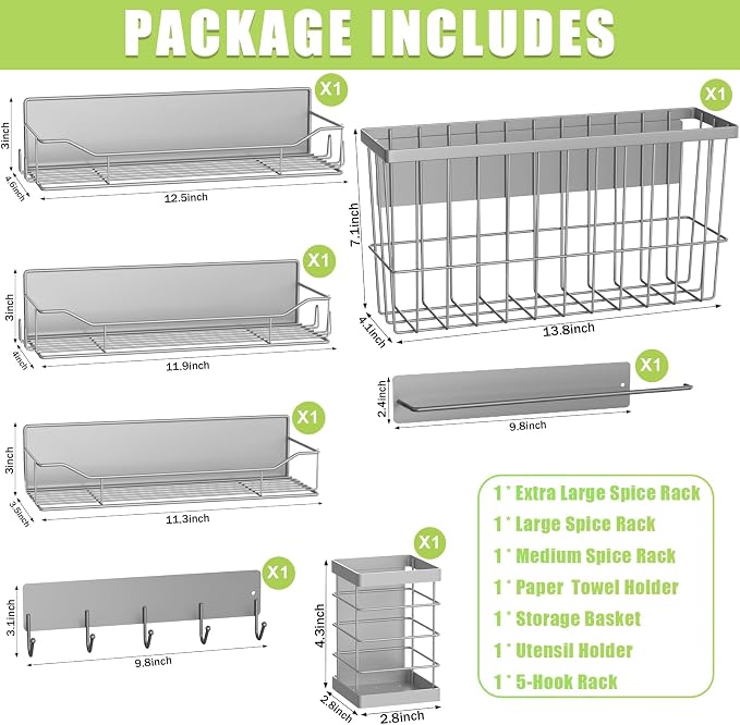 Magnetic Spice Rack for Refrigerator, 7 Pack Magnetic Fridge Shelf for Kitchen Organization Storage, Moveable Spice Organizer W/Paper Towel Holder, Utensil Caddy, Cutting Board Rack (Grey) - Image 2