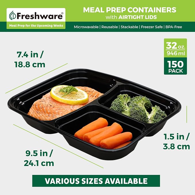 Freshware Meal Prep Containers [150 Pack] 3 Compartment Food Containers with Lids, Bento Box, Stackable, Microwave/Dishwasher Safe (32 oz) - Image 4