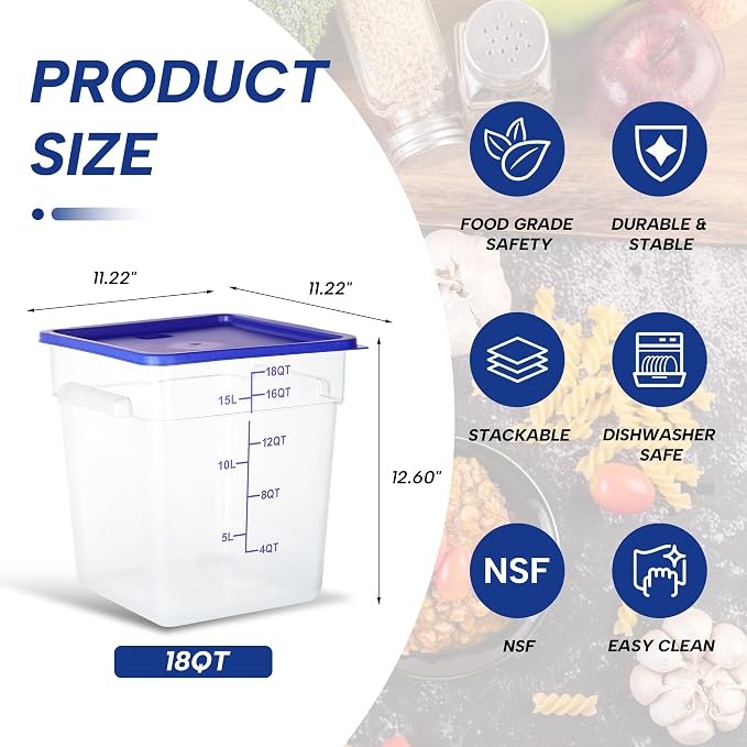 4 Pack 18QT Square Food Storage Containers with Lids | Clear NSF polycarbonate containers with scale, label and measuring cup, stackable for prep, storage, freezer. Dishwasher safe - Image 3