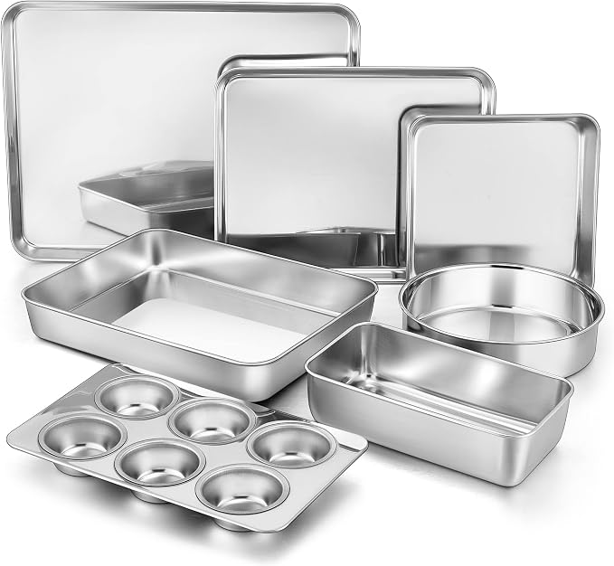 TeamFar Stainless Steel Bakeware Set of 7 | Baking Sheet & Toaster Oven Pan, Square & Round Cake Pan, Muffin Pan & Loaf Pan, Lasagna Pan, Healthy & Sturdy, Easy Clean by TeamFar