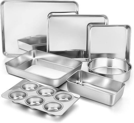TeamFar Stainless Steel Bakeware Set of 7 | Baking Sheet & Toaster Oven Pan, Square & Round Cake Pan, Muffin Pan & Loaf Pan, Lasagna Pan, Healthy & Sturdy, Easy Clean by TeamFar