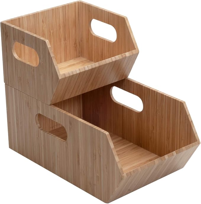 MobileVision Bamboo Storage Bins for Pantry & Kitchen Cabinet Organizer Multi-Purpose 2 PC Stackable Set for Canned Goods, Vegetables, Pouches, Boxed Meals & more by MobileVision