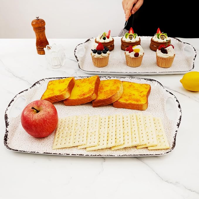 TP Melamine Serving Trays with Handles, 17” x 12”, Set of 2, Rustic White | Rectangular Trays, Serving Platters for Food and Meat, Dishwasher Safe, Lightweight, Break-resistant - Image 5