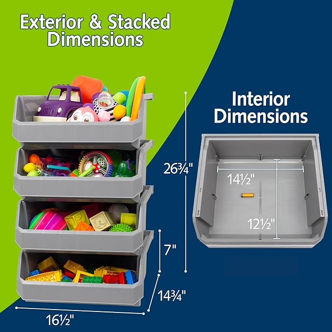 Extra Large Stackable Plastic Storage Bins, 4-Pack, Grey | Open-Front Stackable Bins For Garage, Pantry, Closet & Office, 14,8"L X 16,5"W X 7"H, Nests When Empty, Durable Plastic, - Image 3