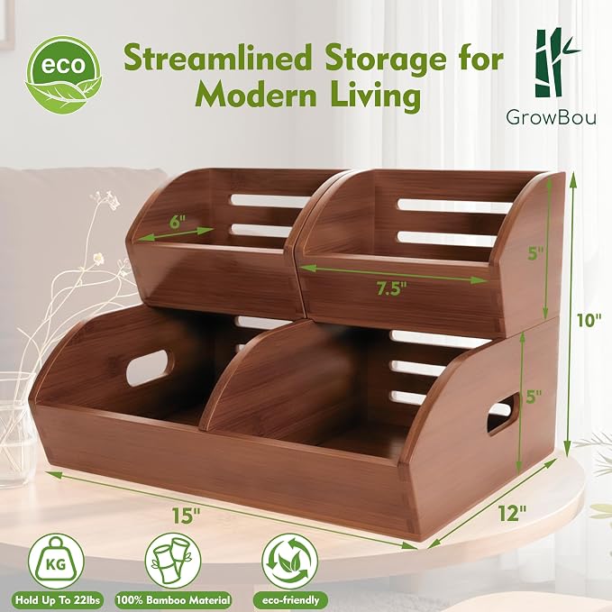 Stackable Bamboo Produce Storage Bin with Ventilation & Handles | 3 Pack, Walnut Wood Finish, Holds Root Crops, Fruits & Bread, Great For Pantry, Home And Hotel Kitchen Storage - Image 2