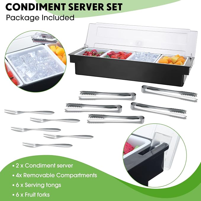 2 Pcs Garnish Tray with Lid for Bartender Condiment Caddy Removable Chilled Fruit Condiment Server with 6 Tong and 6 Fork for Serving Salad Bar Topping Organizer for Restaurant Supply(4 Compartments) - Image 3