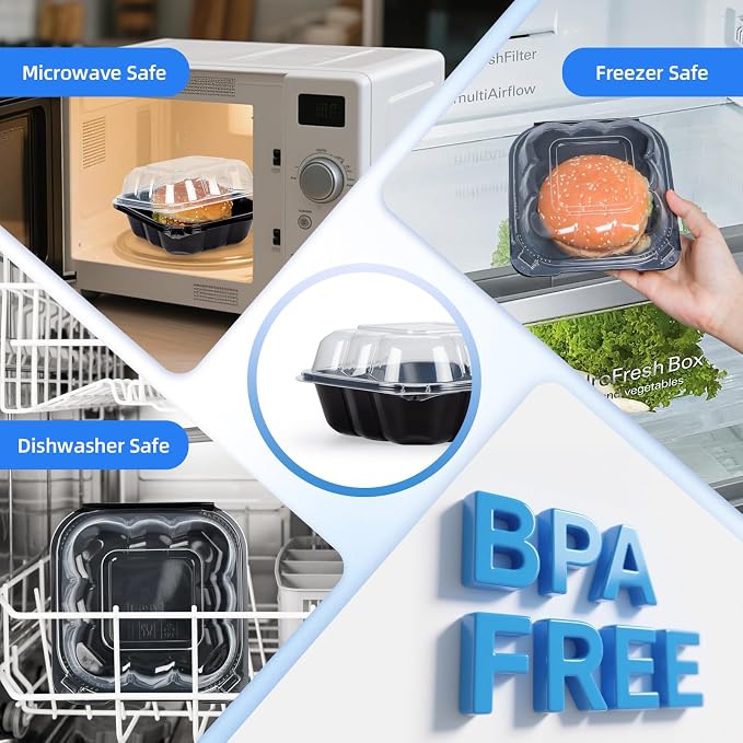 YANGRUI 55-Pack 17 oz 6" Black Clamshell Container, Shrink-Wrapped No Wash | Anti-Fog Crystal Lid, Leakproof BPA-Free PP, Microwave & Freezer Safe for Pastry, Sushi, Macarons & Burger Sliders - Image 4