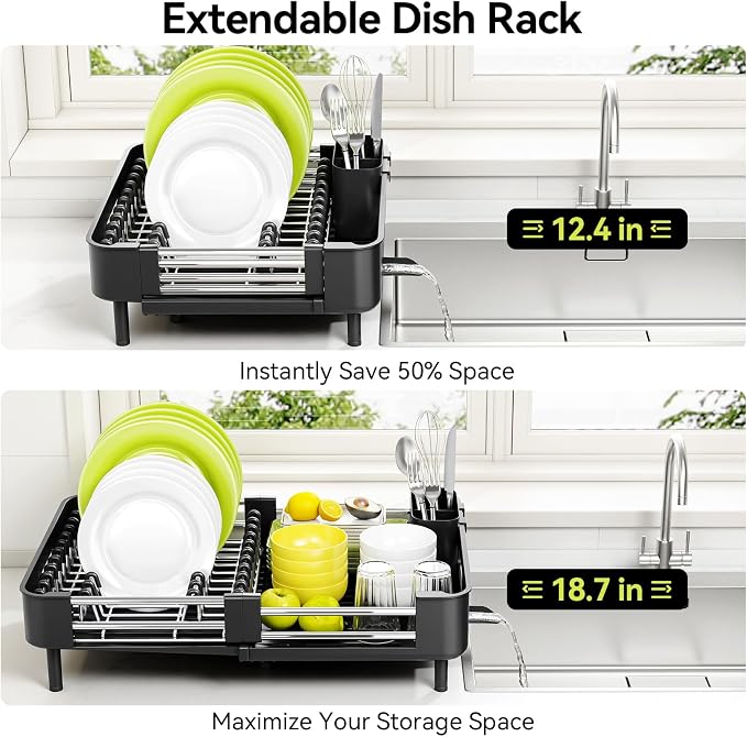 Urackify Extendable Stainless Dish Drying Rack for Kitchen Counter, Black | 13.78"W x 18.7"L, Foldable Drainboard for Space Saving, Knife and Utensil Holder, Fast-draining Spout - Image 3