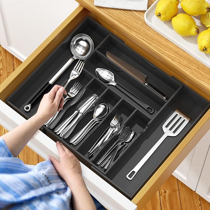 NIUBEE Acrylic Utensil Silverware Tray for Drawer, Cutlery Organizer, Black | Expandable Silverware Organizer for Flatware, 9 Compartments Adjustable Utensil Organizer,Clear Silverware Holder for Kitchen - Image 5