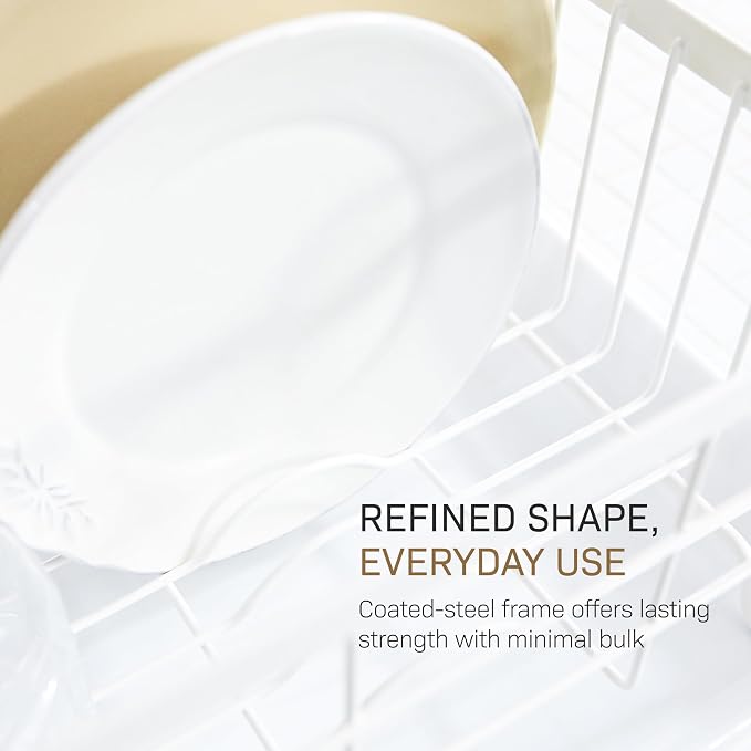 YAMAZAKI Home Dish Drying Rack – Modern White Dish Rack for Kitchen Counter with Removable Drying Tray and Cutlery Holder, Steel + Wood Dish Drying Organizer - Steel + Wood - | Modern dish drying rack organizer with steel and wood construction. Small s... - Image 7