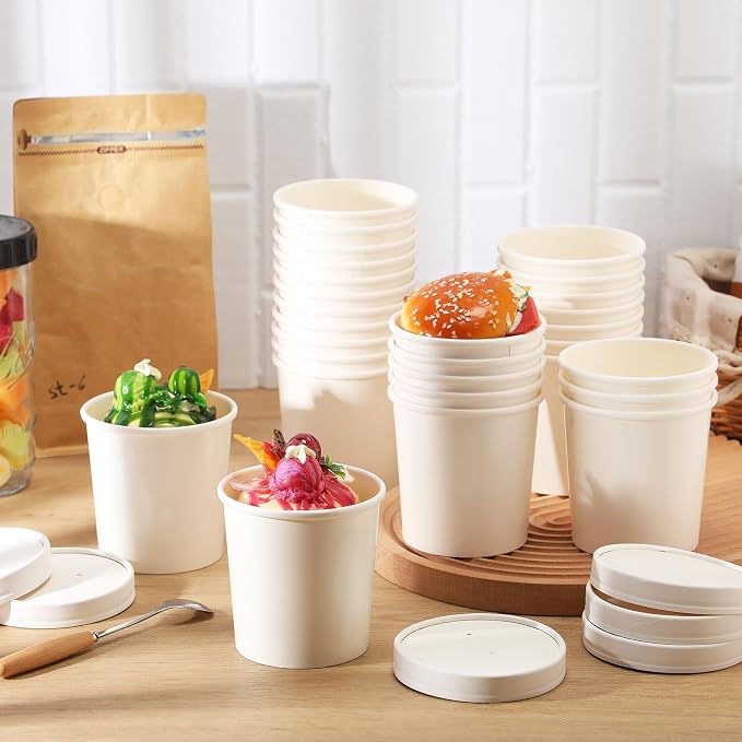 Fulmoon 100 Pack Paper Soup Containers with Lids Disposable Paper Food Containers with Vented Lid Kraft Ice Cream Cake Dessert Cups Soup Bowl for Party Hot Food Fruit Microwave(16 oz,White) - Image 4