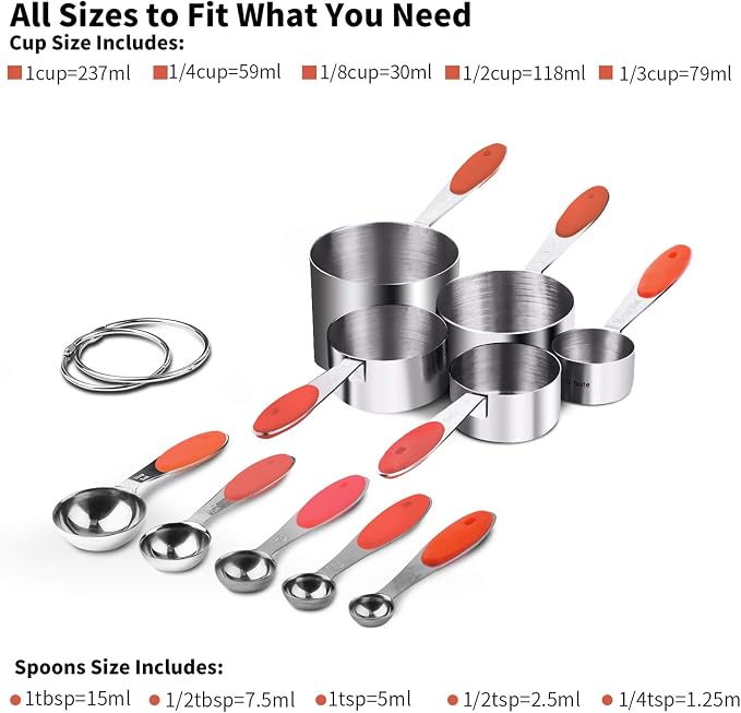 U-Taste 18/8 Stainless Steel Measuring Cups and Spoons Set and 600ºF High Heat-Resistant Kitchen Tong Set (Red) - Image 2