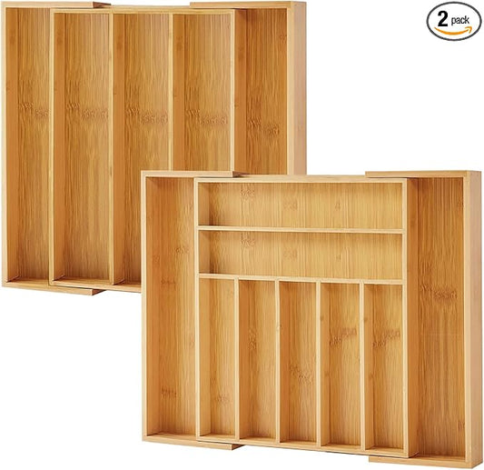 Purawood Bamboo Drawer Organizer, 2 Pack - Expandable Silverware Organizer & Utensil Organizer, Cutlery Tray with Dividers, 7-9 Slots - Premium Kitchen Organizer for Utensils & Flatware (Natural) by PURAWOOD