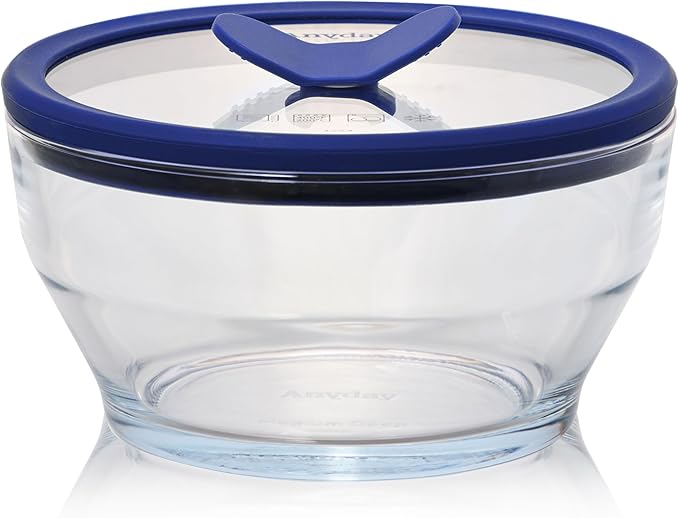 Anyday 4-Cup Glass Food Storage with Lid (Clear Blueberry) | Round Deep Dish, Plastic-Free Meal Prep, Microwave Cookware, Stackable Airtight Storage Container, Microwave Steamer by Anyday