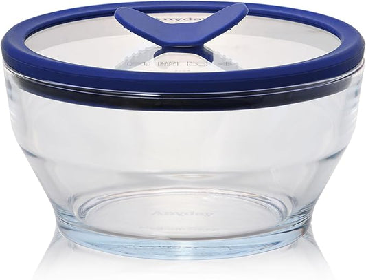Anyday 4-Cup Glass Food Storage with Lid (Clear Blueberry) | Round Deep Dish, Plastic-Free Meal Prep, Microwave Cookware, Stackable Airtight Storage Container, Microwave Steamer by Anyday
