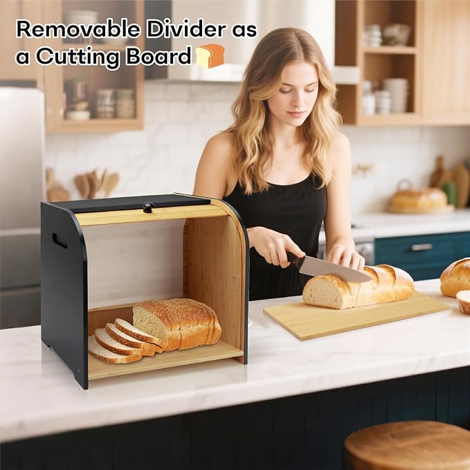 Bread Box for Kitchen Countertop, Two Layer Roll Top Bread Holder | 3 Adjustable Height, Large Capacity, Bamboo Bread Storage Container for Homemade Bread,Breadbox Organizer for Kitchen Counter - Image 7