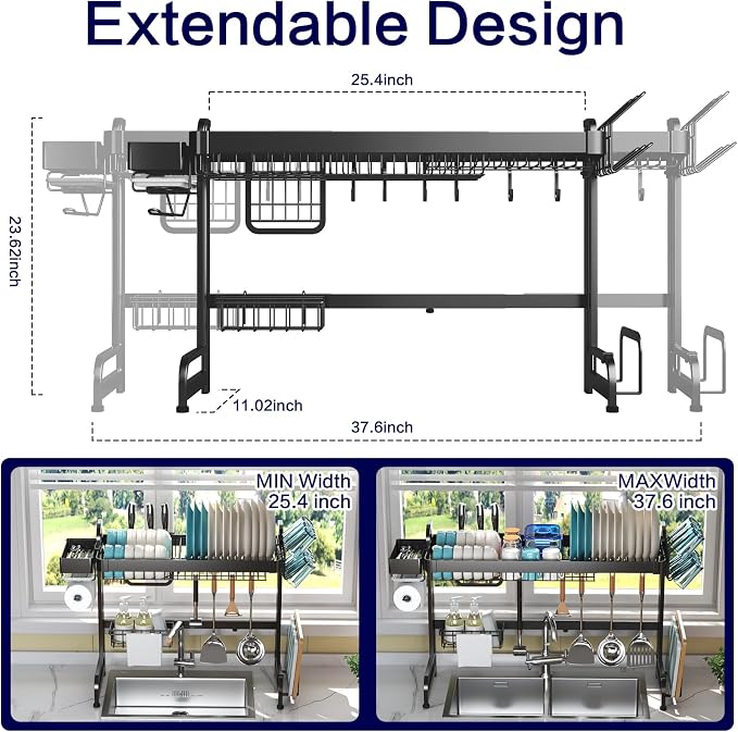 LIVOD Over Sink Dish Drainer Drying Rack, 2 Tier Full Stainless Steel Storage Adjustable Length Kitchen Rack, Multifunctional Expandable Counter Organizer, Space Saver Dish Rack - Image 3