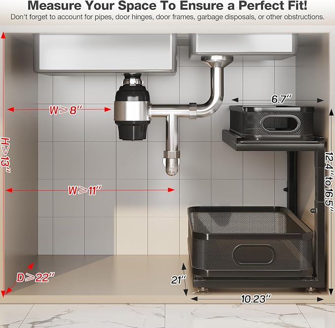 2 Pack 21IN-Depth Under Sink Organizer With Next-Gen Ball-Bearing Slides,2-Tier Precision Mesh Pull Out Cabinet Storage for Bathroom&Kitchen,Height Adjustable Drawers Shelf,Anti-rust-Black - Image 2