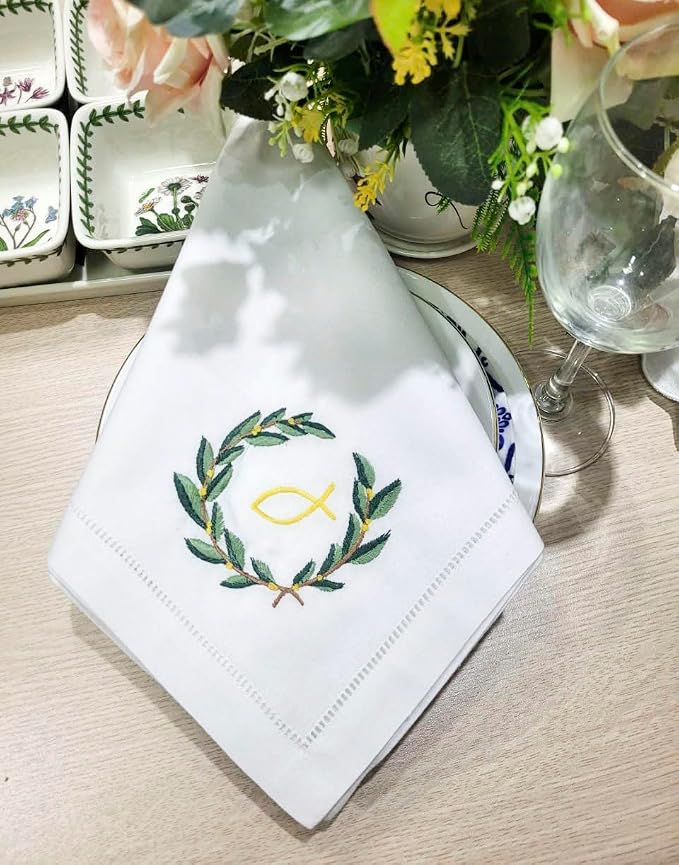 Embroidered Cotton Napkins Christmas 20x20 (Green Wreath) - Image 2
