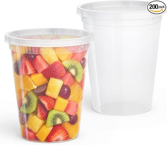 200 PACK (400 SETS) of 32 oz. Plastic Food Containers with Lids | Airtight, Microwave, Dishwasher, & Freezer Safe | Meal Prep, Disposable, Takeout Deli Soup Slime Round Food Storage Box by TopSellingProducts