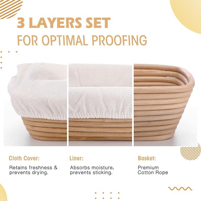 Nuogo 4 Pieces 10 Inch Bread Banneton Proofing Basket Rattan Banneton Dough Proofing Bowls with Liners and Scatters for Home Sourdough Baking (Rectangle) - Image 3