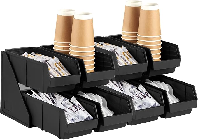 Black Self Serve Condiment Bin Stand Set, 2-Tier Stand with 8 Bins, 22.5" D x16 W x 9.5" H, Coffee Bar Beverage Station by CURTA
