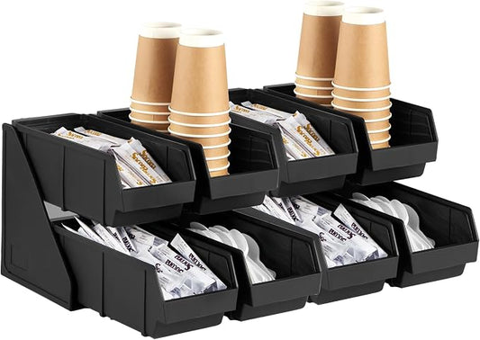 Black Self Serve Condiment Bin Stand Set, 2-Tier Stand with 8 Bins, 22.5" D x16 W x 9.5" H, Coffee Bar Beverage Station by CURTA