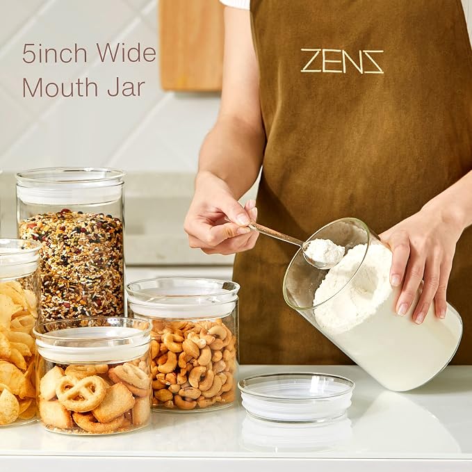 ZENS 74oz Glass Canisters with Airtight Lid, 2 Large Storage Containers | Thick Borosilicate Glass Jars with Airtight Lid, Wide Mouth Food Storage Jars for Kithen Pantry Baking Flour, Rice - Image 2