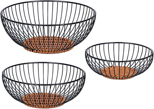Set of 3 Stackable Metal Mesh Fruit Basket Bowl, Round Rust-Proof Breathable Wire Storage Organizer, Non-Slip Decorative Produce Holder for Kitchen Countertop, Store Fruits Veggies Snacks, Black by KUNNKU