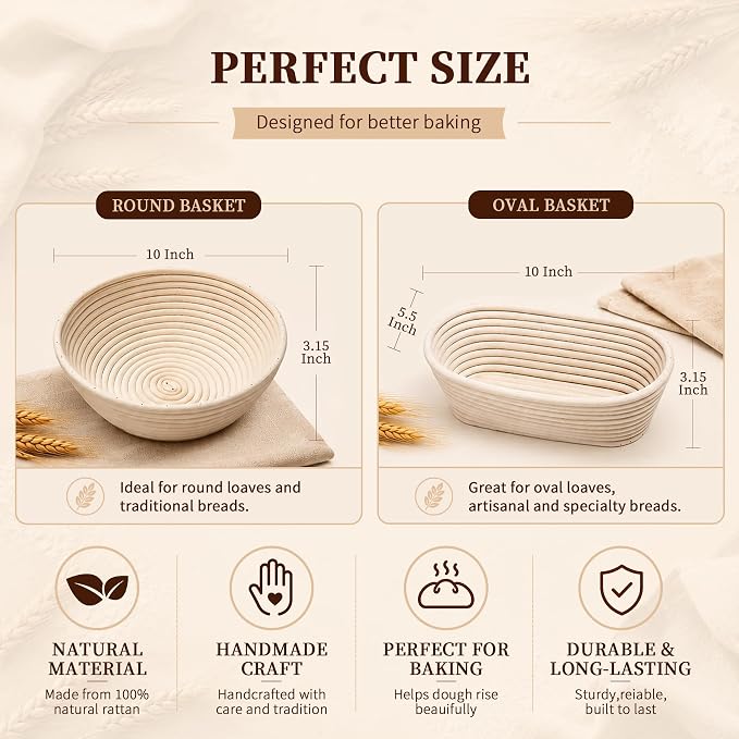 PeacePeo Sourdough Starter Kit with 10" Round and Oval Proofing Baskets | 38Pcs Complete Bread Making Supplies, Natural Rattan, Breathable & Non-Stick, with Scale, Starter Jar for Baking Fermentation - Image 2