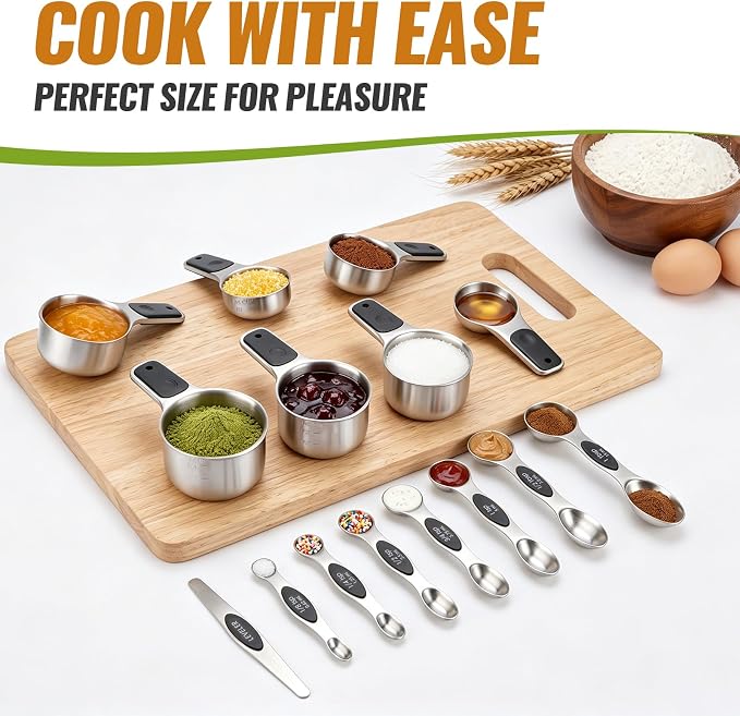 Magnetic Measuring Cups & Spoons Set of 15 | BPA Free,Heavy Duty 304 Stainless Steel,Strong N52 Magnets,Dishwasher Safe with Leveler for Baking and Cooking - Image 5