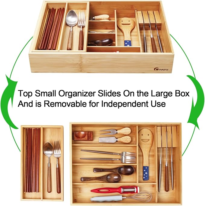 COIWAI Double Layer Bamboo Drawer Organizer Cutlery Utensil Silverware Drawer Organizer, cutlery Silverware Tray for Drawer, Utensil Holder Drawer Dividers for Flatware (L: 16.85 × 12.2 in) - Image 5