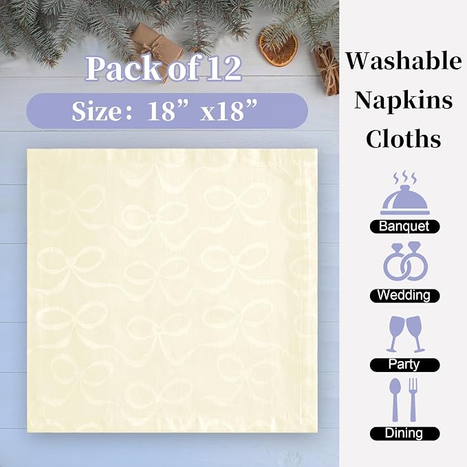 Cream Fabric Napkins Pack of 12 (18"x18") - Cotton & Polyester, Wrinkle/Fade Resistant - Dinner Jacquard Napkins Cloth Washable for Banquet, Party & Wedding, Champagne Bows - Image 4