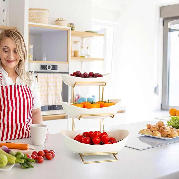 3 Tier Ceramic Fruit Bowls for Kitchen Counter with Metal Rack, Fruit Basket with Stand, Porcelain Bowls for Fruit Vegetable Bread Candy Snack Nuts Dessert Cake Tray (White 3 Layer) - Image 4