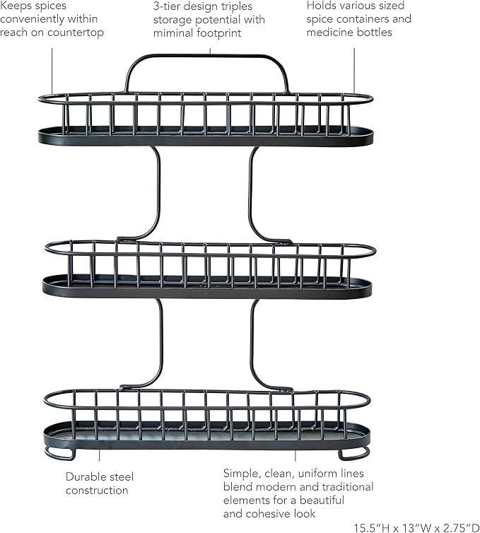 Spectrum Yumi Small Three Tier Spice Rack Black for Countertop Cabinets Cupboards Kitchens, 3 Tier Spice Organizer Shelf Rack Wire Basket for Modern Kitchens, Spice Rack Stand for Counter Organization - Image 3
