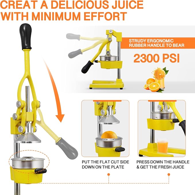 Commercial Heavy Duty Cast Iron Hand Press Manual Orange Citrus Lemon Lime Grapefruit Pomegranate Fruit Juice Squeezer Machine with Stainless Steel Cup Yellow - Image 5