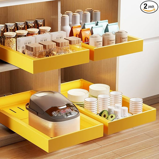 Mustorn 2 Pack Pull Out Cabinet Organizer,21.8" Deep Slide Out Drawer for Cabinets Adhesive Pull Out Drawers Heavy Duty Pull Out Shelves for Kitchen,Cupboard,Pantry,Bathroom-Yellow by MUSTORN