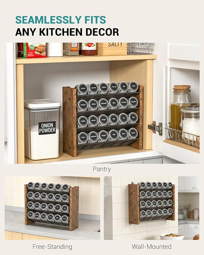 NESAPTO Spice Rack Organizer for Cabinet, Wood 4-Tier Vertical Seasoning Organizer, Wall Mount or Countertop Spice Shelf, Holds 24 Jars (No Jars Included), 12.2" W x 9.4" H - Image 6