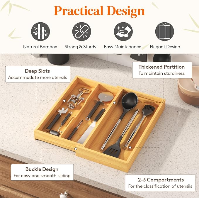 Lifewit Utensil Organizer for Kitchen Drawer, Expandable Cooking Utensil Tray, Cutlery Silverware Flatware Holder, Wood Adjustable Spatula Tools Storage Divider, 8.9-15.8 x 15.75, Natural - Image 6